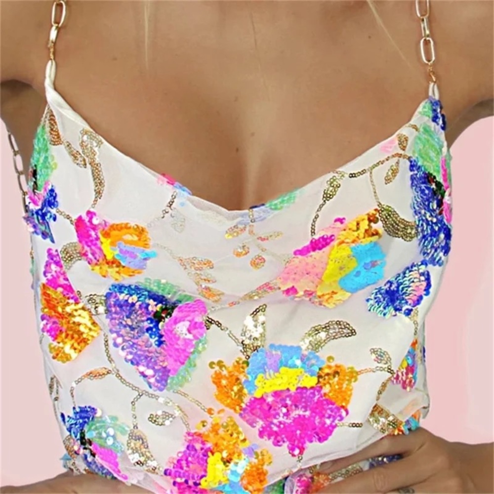 multicolor sequin gold chain strap mini sheath party dress white new with tag S - Picture 10 of 12